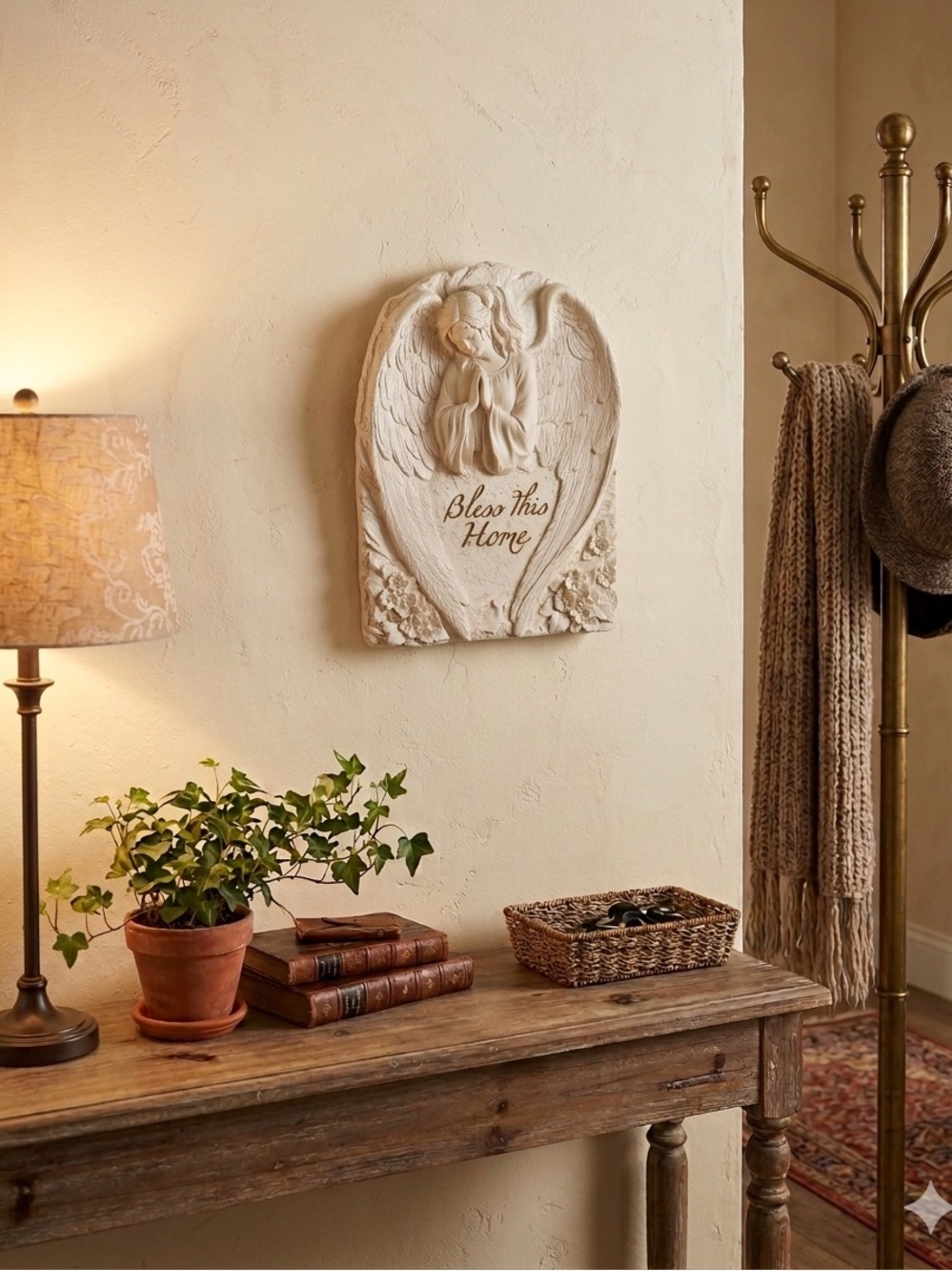 Angel Wings 'Bless This Home' polystone Wall Plaque - Cream